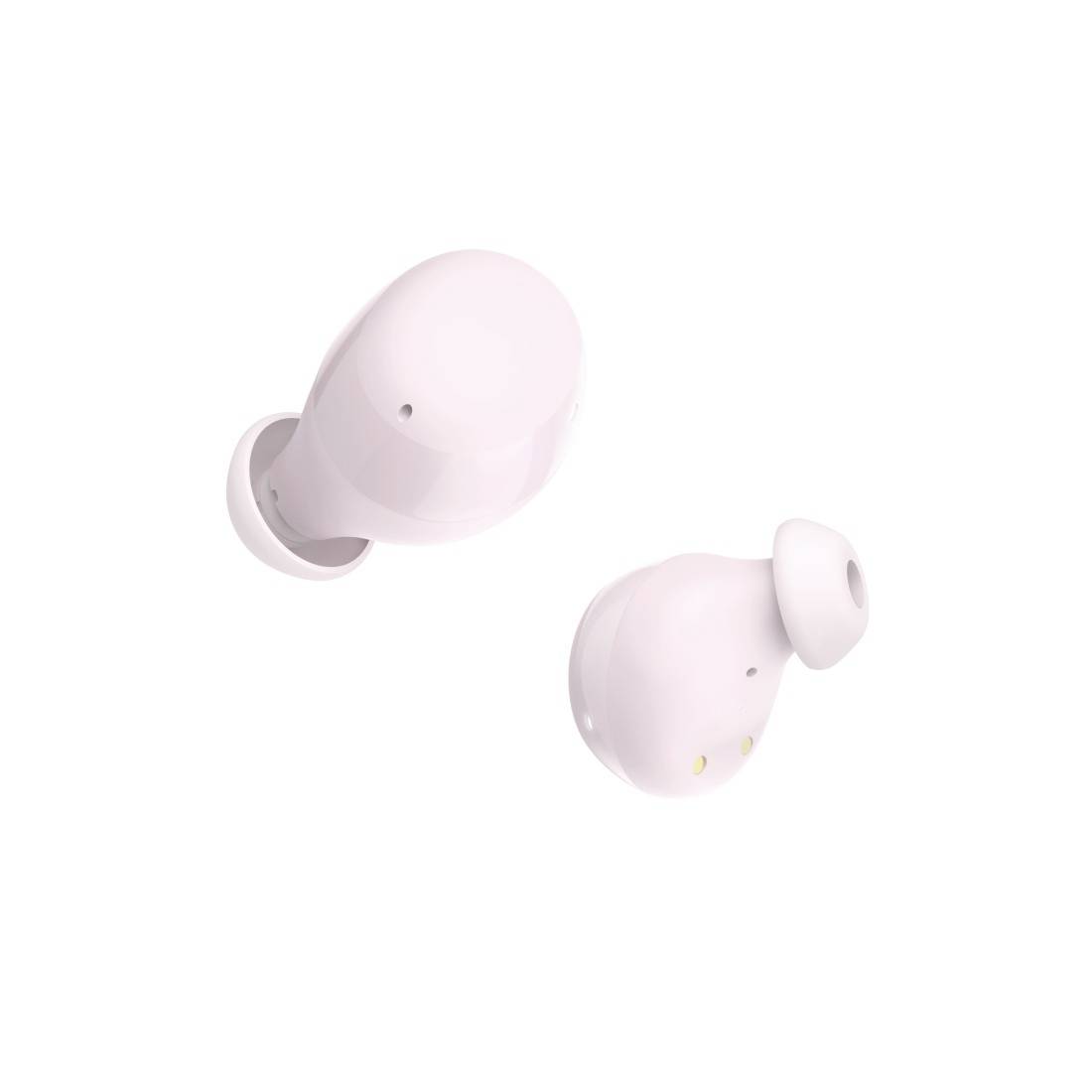 Due auricolari wireless bianchi mostrati su uno sfondo bianco neutro, uno inclinato verso l'alto e uno inclinato di lato.