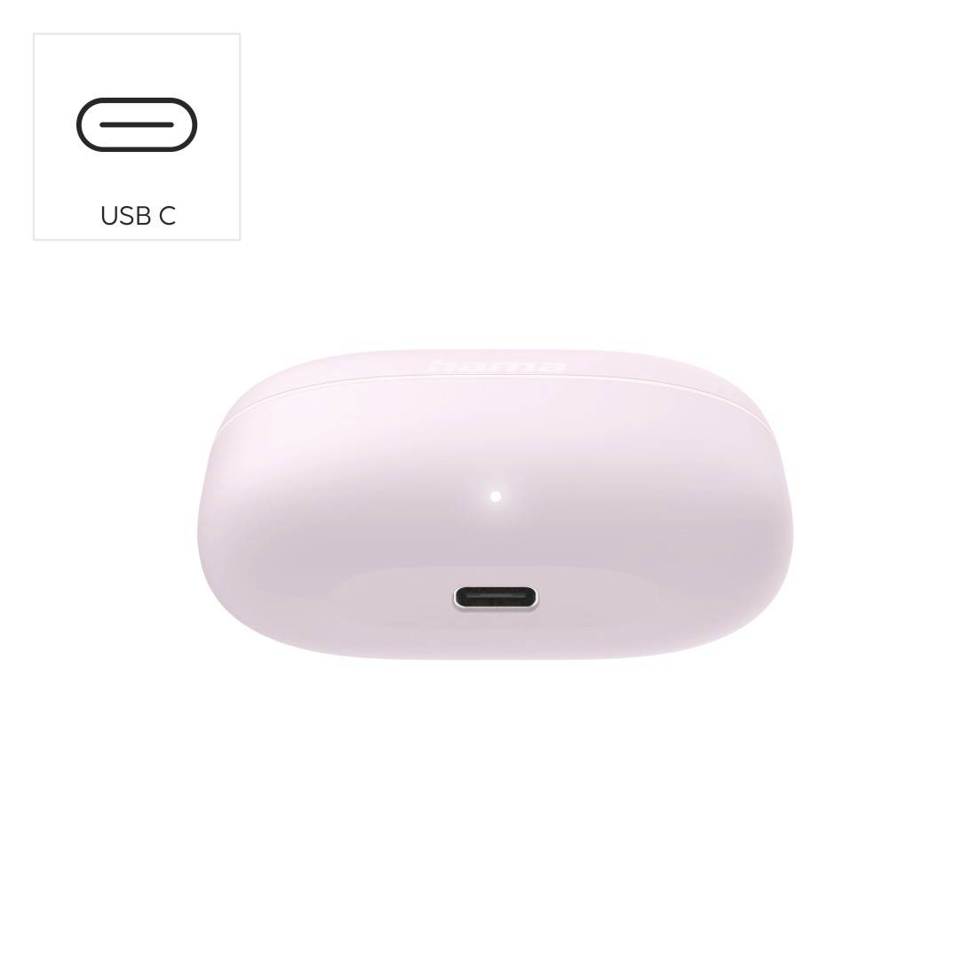 Custodia di ricarica rosa pastello con porta USB-C; un'etichetta icona all'interno identifica la porta come "USB C".