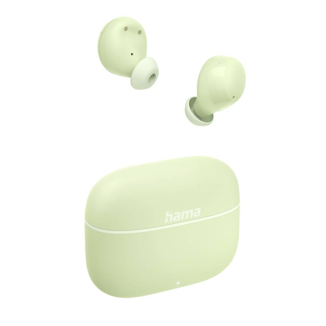 Auricolari wireless verde chiaro e custodia di ricarica abbinata con logo Hama su sfondo bianco.