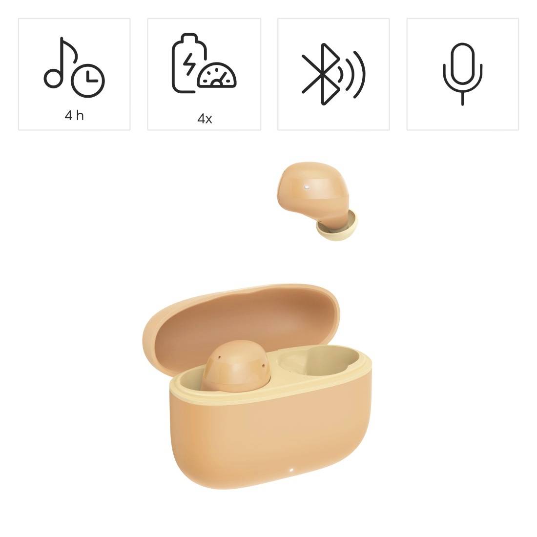 Auricolari wireless in una custodia di ricarica aperta, con icone delle funzioni che mostrano autonomia di 4 ore, 4 ricariche, Bluetooth e microfono.