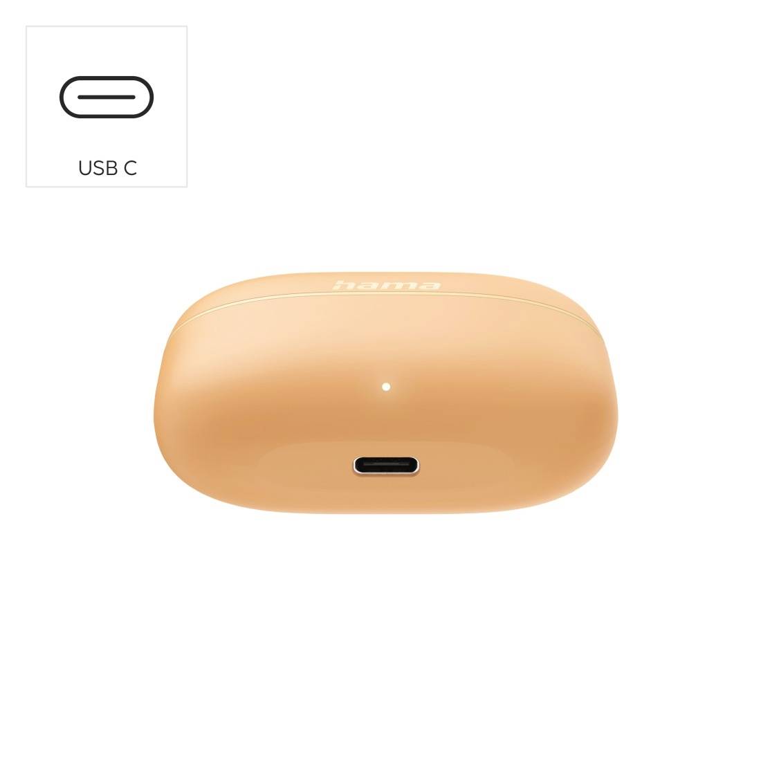 Custodia di ricarica per auricolari arancioni con porta USB-C mostrata in vista frontale, più icona inserita etichettata "USB C".