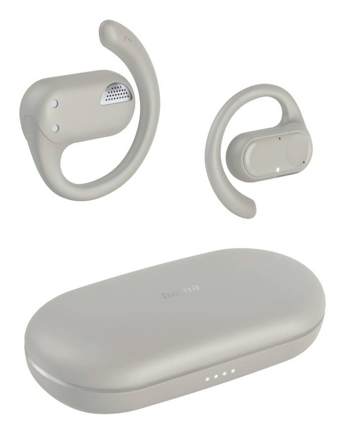 Un apparecchio acustico beige mostrato da più angolazioni, insieme alla sua custodia di ricarica ovale con spie indicatrici.