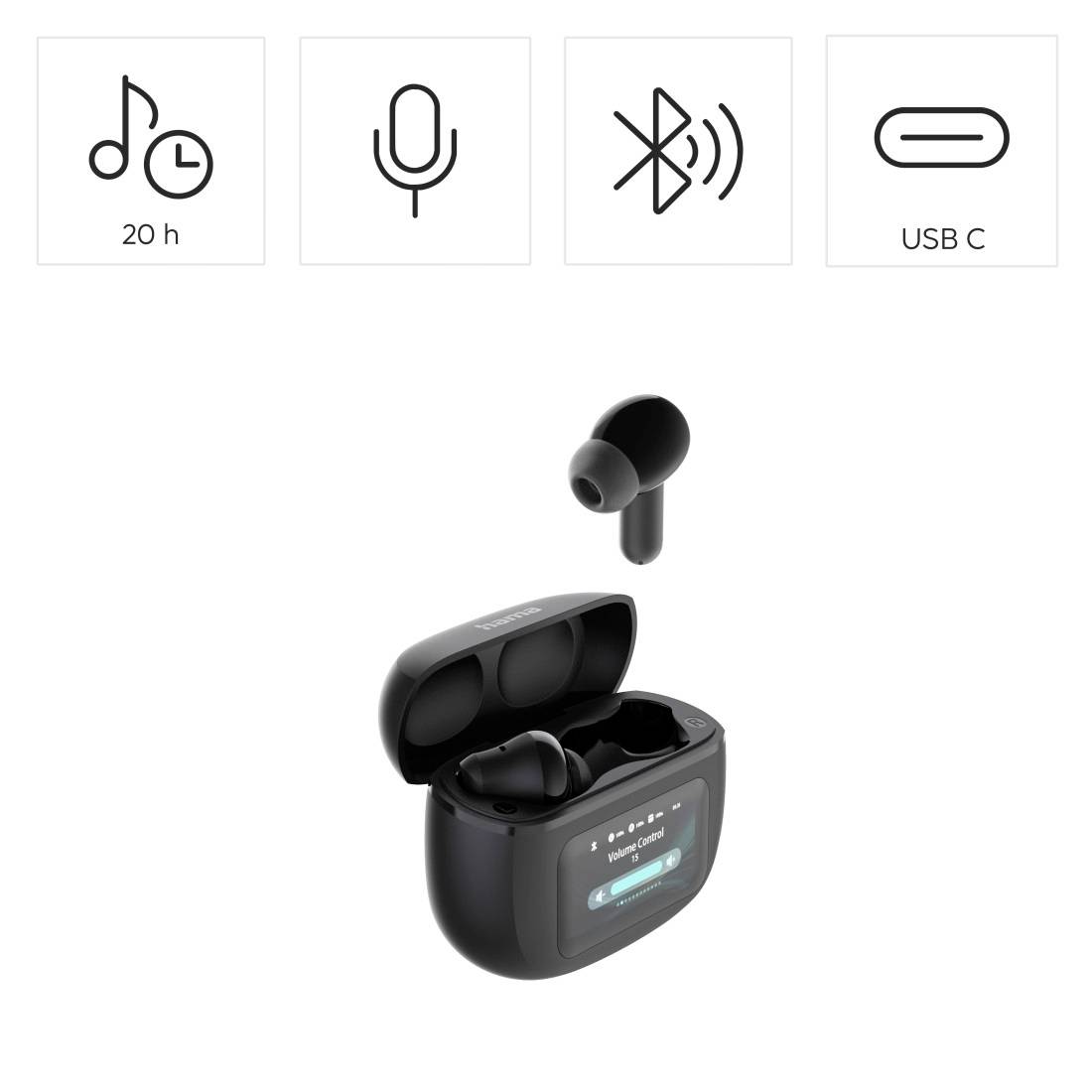 Auricolari wireless neri in una custodia di ricarica aperta con display; le icone mostrano batteria da 20 ore, microfono, Bluetooth e ricarica USB-C.