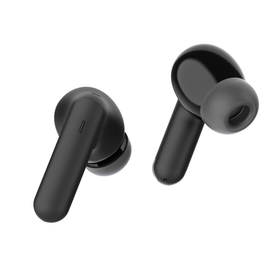Paio di auricolari wireless neri con punte in silicone su sfondo bianco, mostrati in angolazione.