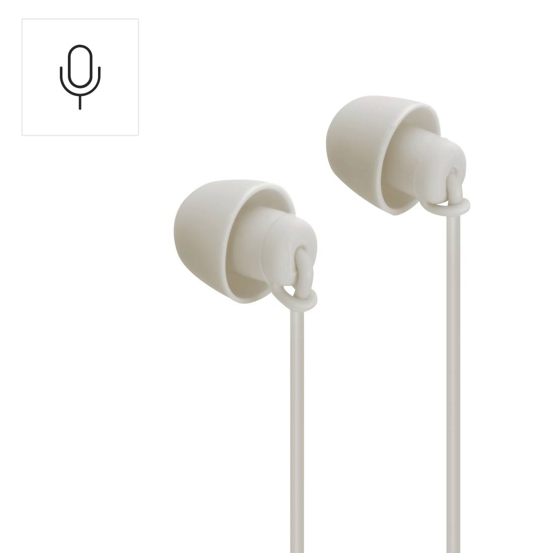 Paio di auricolari bianchi con filo con un'icona del microfono nell'angolo, mostrati su uno sfondo neutro.
