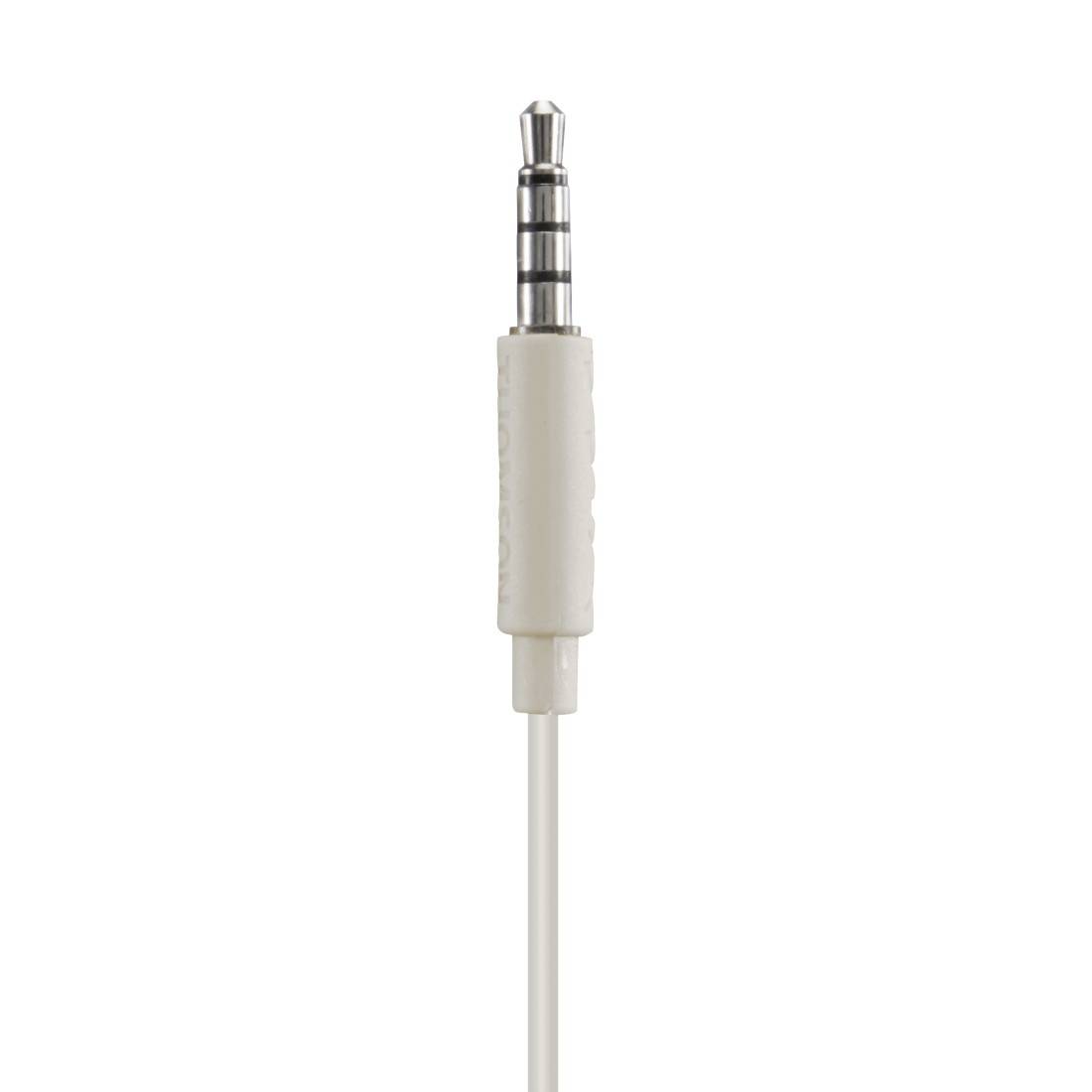 Cavo con spina jack audio da 3,5 mm bianco su sfondo neutro, mostrato verticalmente.
