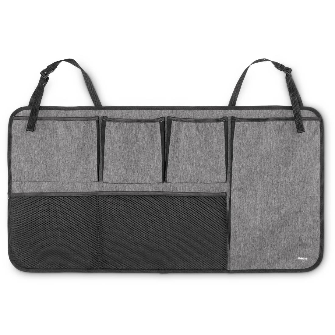Organizzatore per sedile auto grigio con due cinghie appese, tre tasche superiori e due grandi scomparti in rete inferiori
