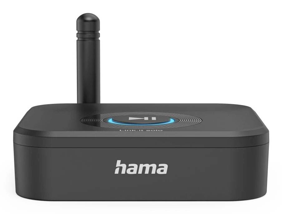 Altoparlante wireless Black Hama con una breve antenna e un pulsante di controllo circolare sulla parte superiore su uno sfondo bianco.