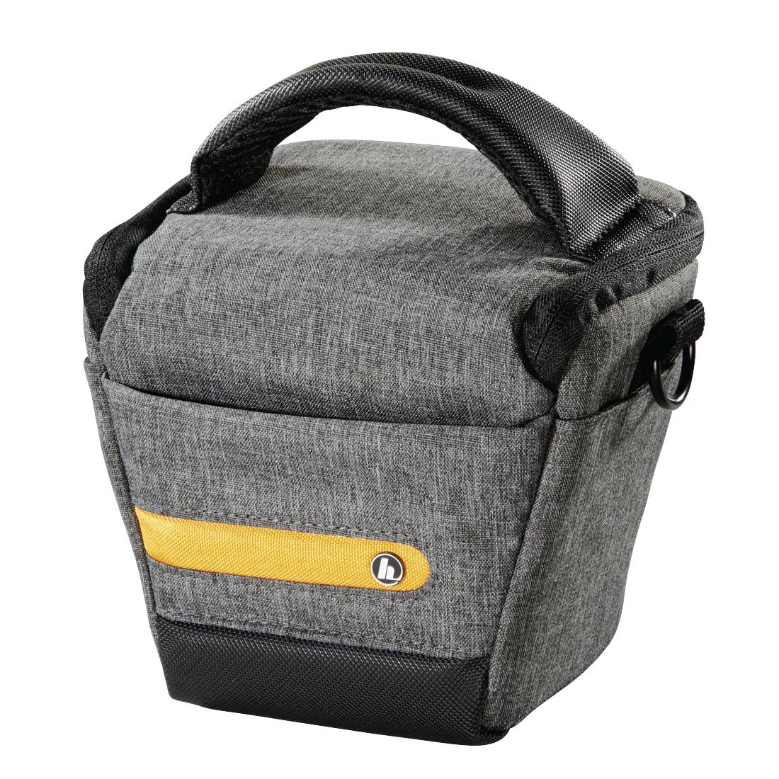 Borsa da pranzo grigia isolante con manico nero e cinturino anteriore giallo, mostrata su uno sfondo bianco.