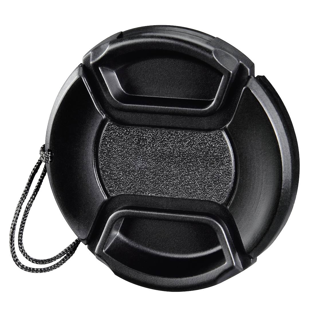 Tappo obiettivo fotocamera nero con cinghia da polso, mostrato in vista frontale su sfondo bianco.