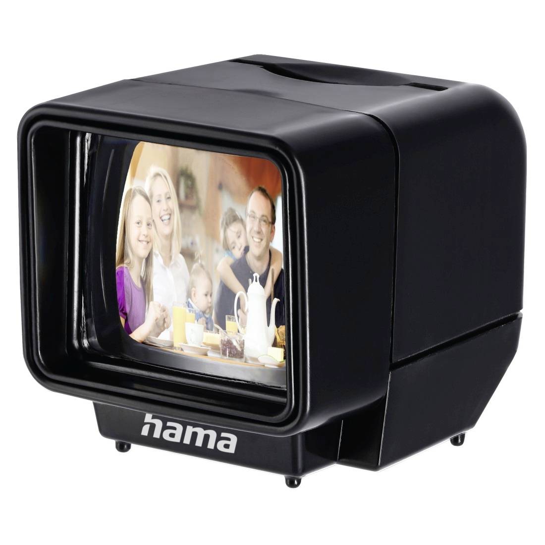 Visualizzatore di foto in stile Hama TV nero con un piccolo schermo che mostra un ritratto di famiglia.