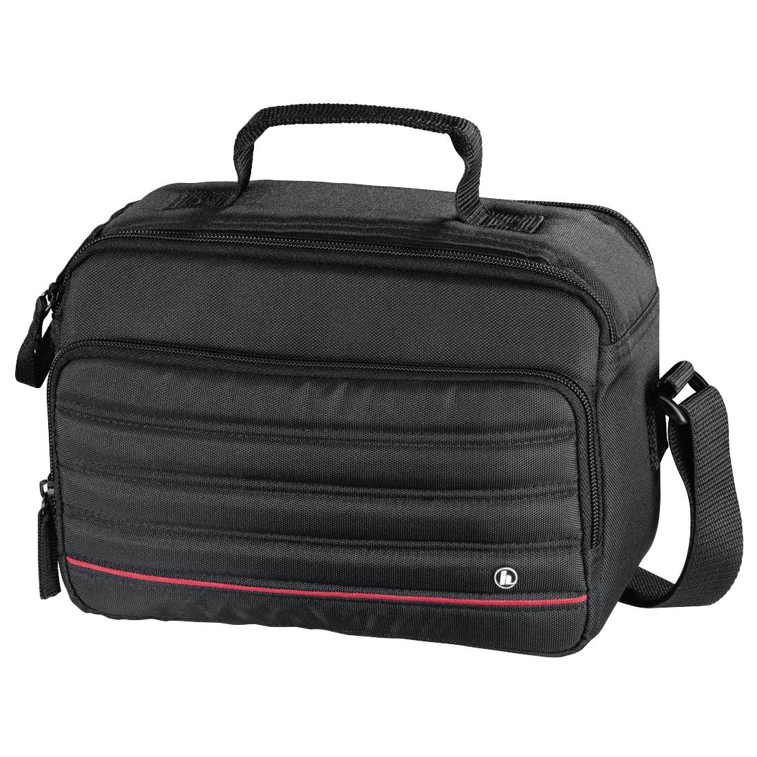 Borsa termica isolante nera per il pranzo con manico superiore, tracolla e tasca con cerniera anteriore, mostrata su sfondo bianco.
