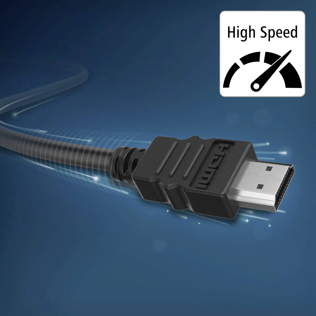 Primo piano di un cavo HDMI ad alta velocità e connettore, con un'icona tachimetro "Alta Velocità" che indica il trasferimento dati veloce.