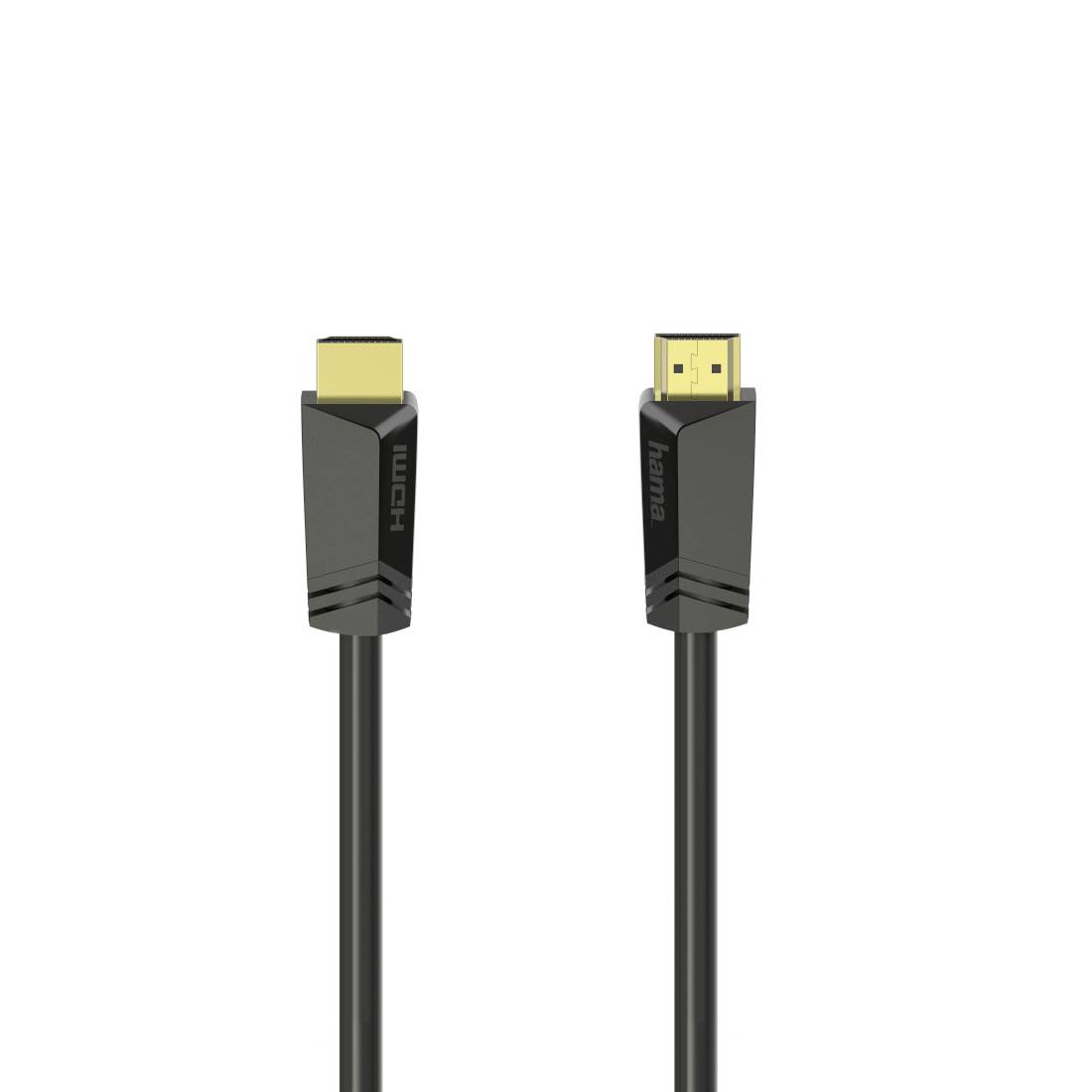 Due connettori di cavi HDMI neri su uno sfondo bianco, mostrati uno accanto all'altro, con punte placcate in oro e marchi visibili "HDMI" e "hama".