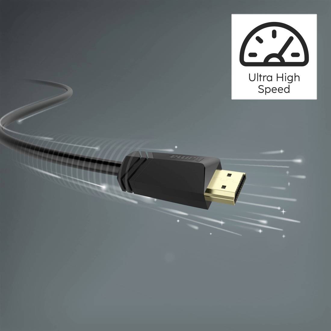 Illustrazione di un cavo HDMI ad alta velocità con icona 'Ultra High Speed', che enfatizza la trasmissione dati veloce.