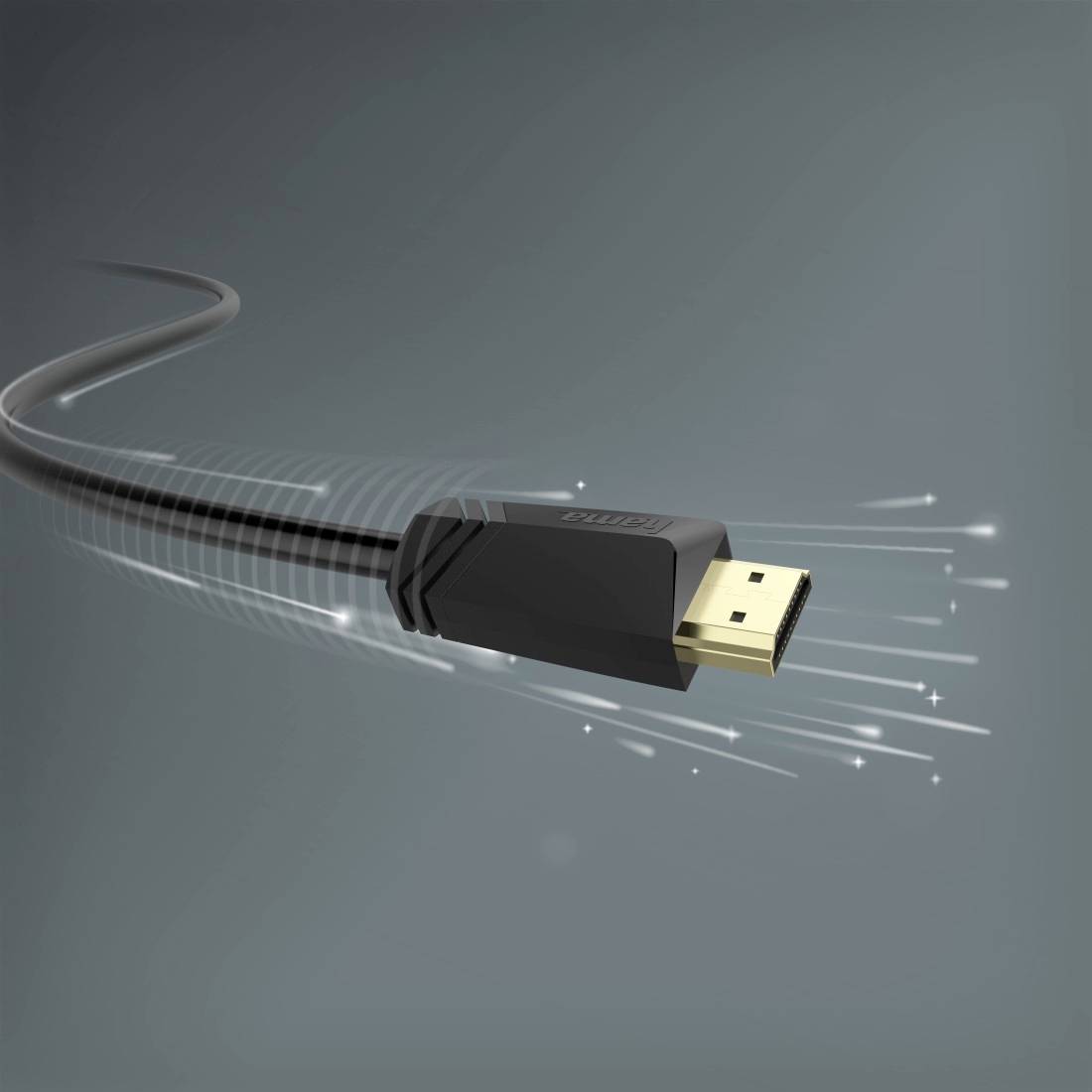 Close-up di un connettore per cavo HDMI nero con strisce di luce, mostrato come un'illustrazione elegante in stile prodotto su uno sfondo grigio.