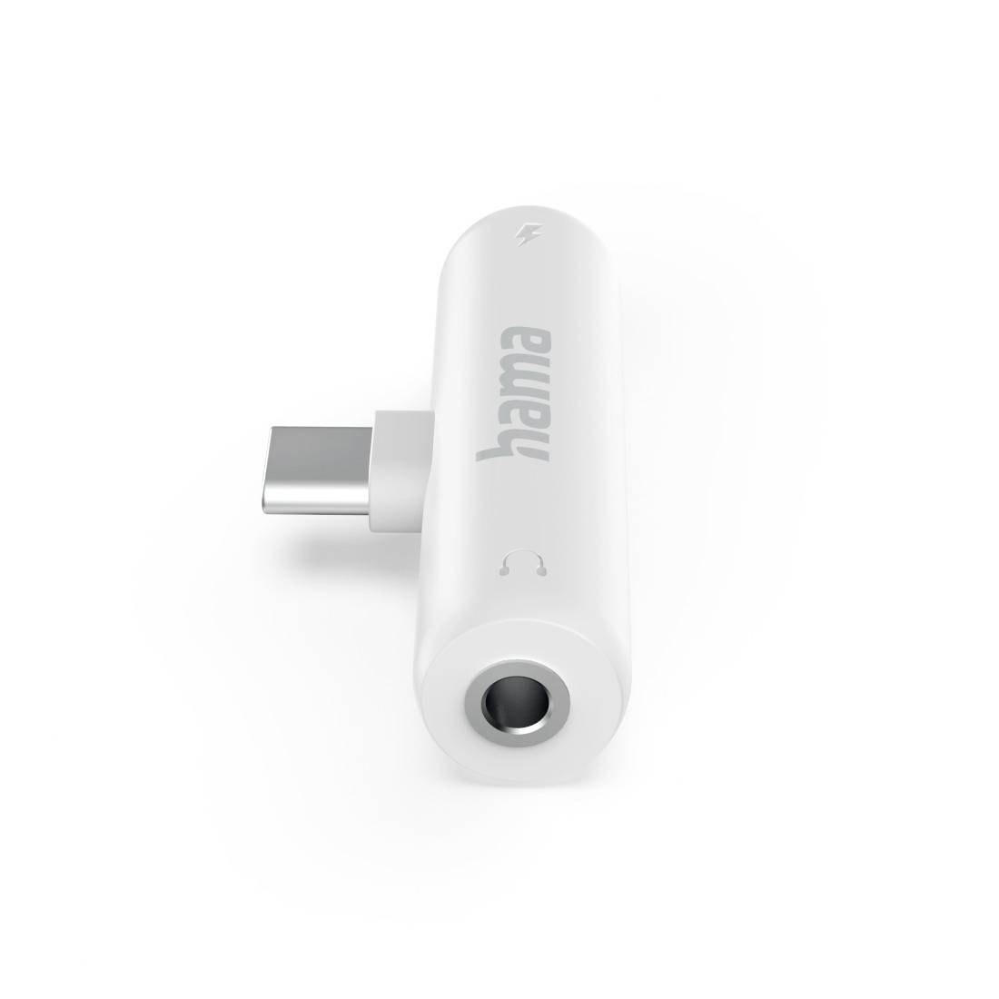 Adattatore audio Hama USB-C bianco con connettore USB-C laterale e jack per cuffie 3,5 mm anteriore su sfondo bianco neutro.
