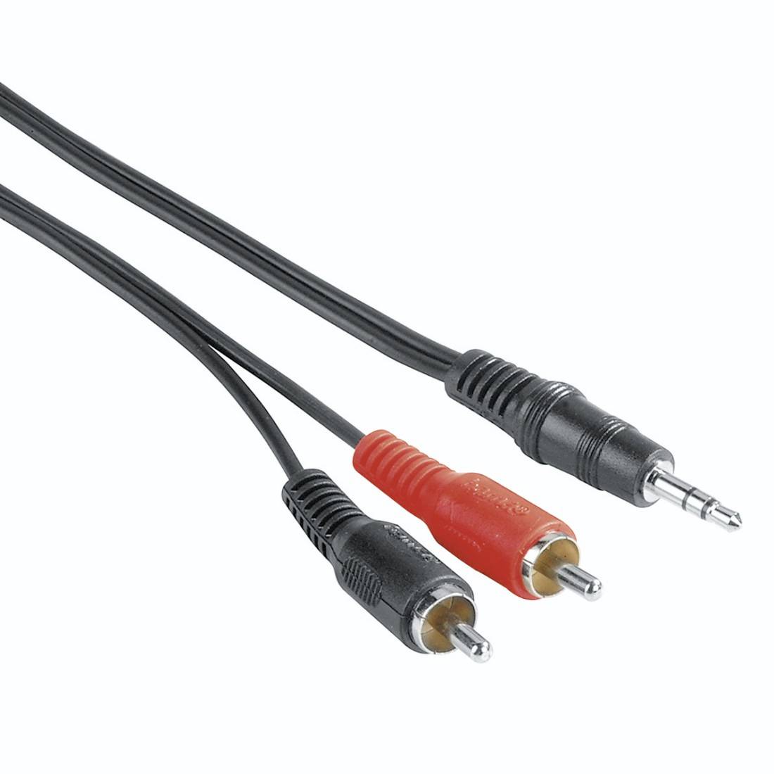 Tre cavi audio con spina maschio da 3,5 mm e connettori RCA rossi/neri su sfondo bianco.