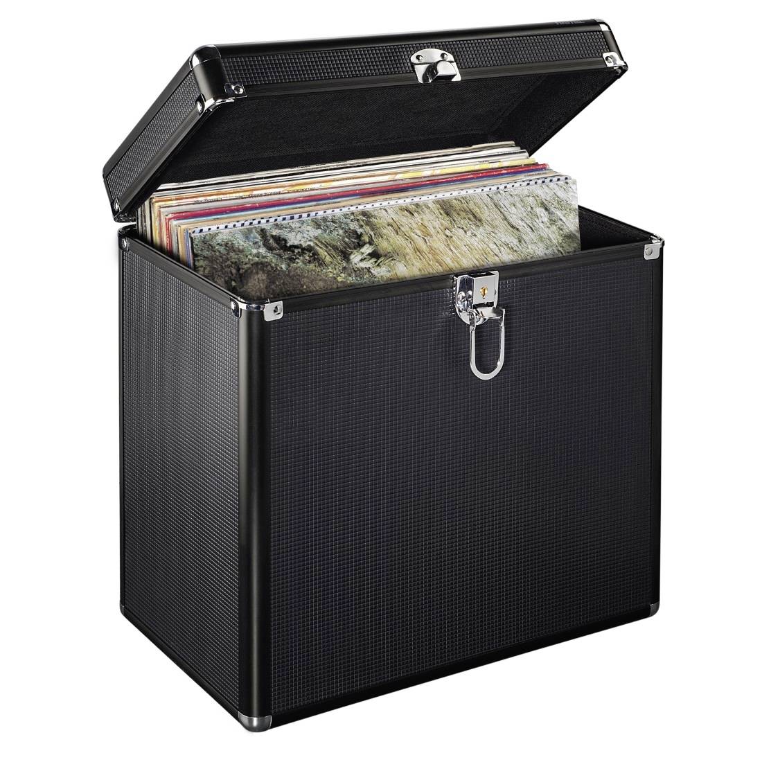 Scatola di stoccaggio nera con coperchio aperto, che mostra una pila di copertine di dischi in vinile all'interno.