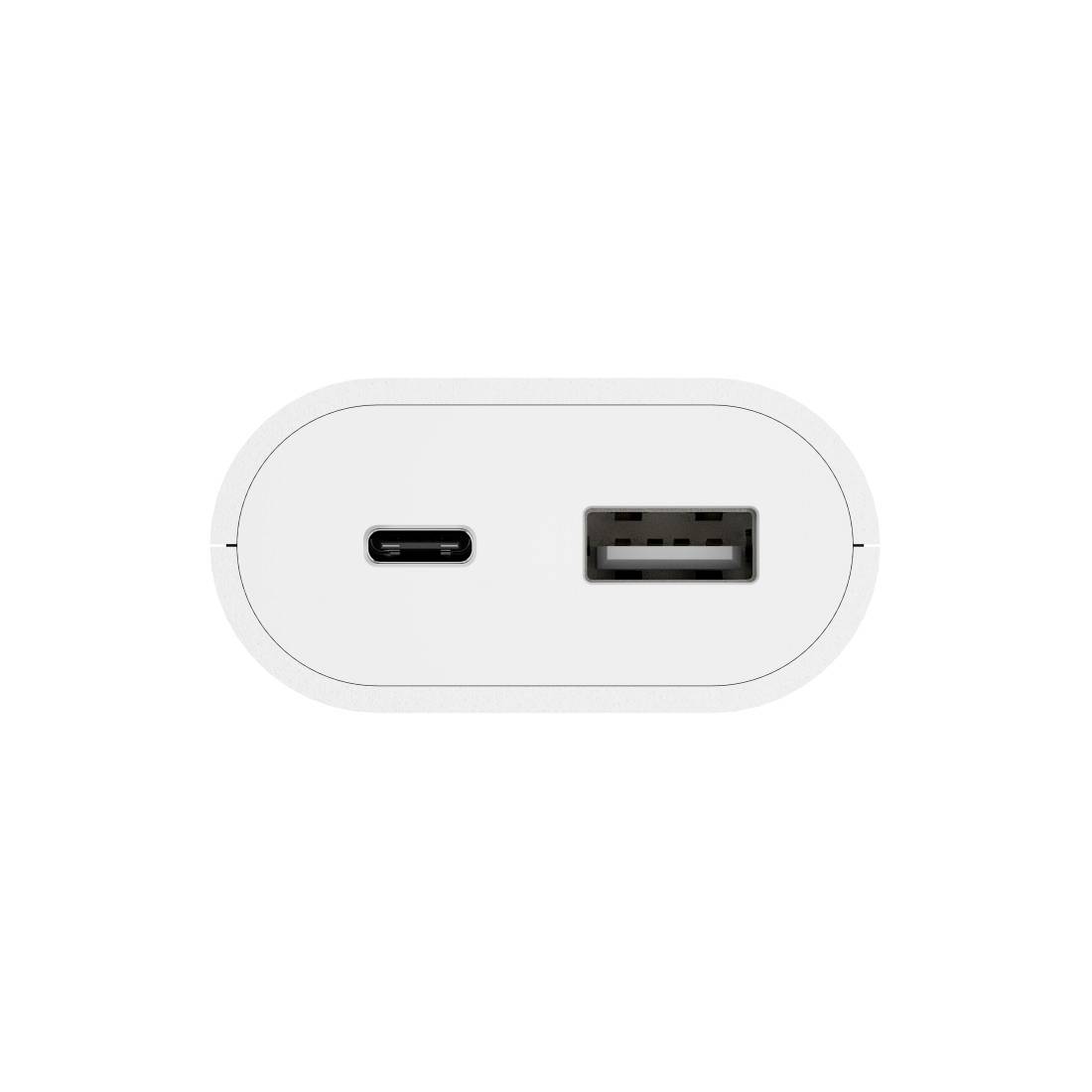 Adattatore bianco compatto con porta USB-C a sinistra e porta USB-A a destra.