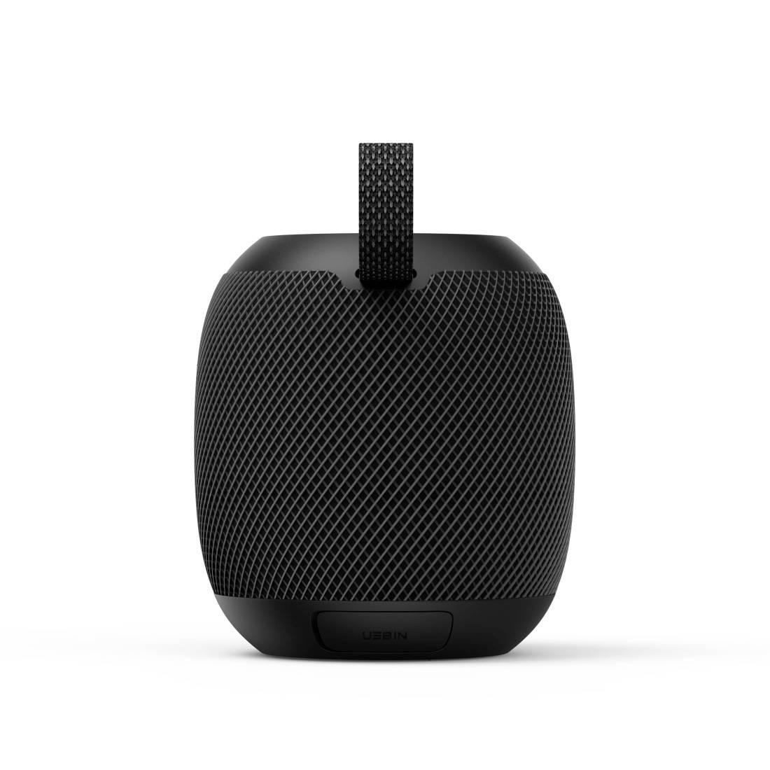 Altoparlante Bluetooth portatile nero con tracolla intrecciata, vista frontale su sfondo bianco.