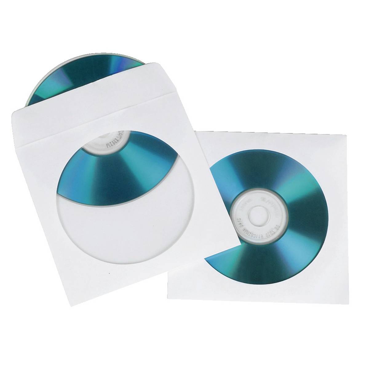 Due CD blu in buste di carta bianca, uno parzialmente dentro una busta aperta e uno visibile accanto ad essa su uno sfondo bianco.