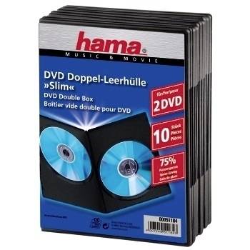 Confezione di 10 custodie Hama slim doppie per DVD, mostrate nella confezione al dettaglio con etichette "2 DVD" e "75% meno spazio".