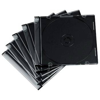 Mucchio di custodie gioiello vuote nere per CD/DVD disposte a ventaglio su uno sfondo bianco.