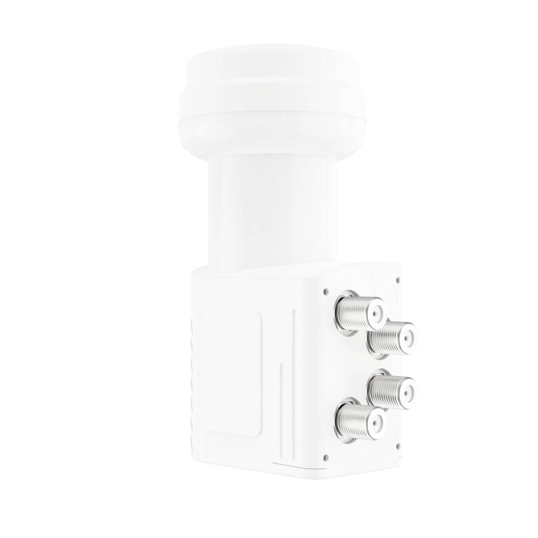 Dispositivo medico o cosmetico bianco con parte superiore cilindrica e quattro connettori metallici sulla parte anteriore, isolato su sfondo bianco.
