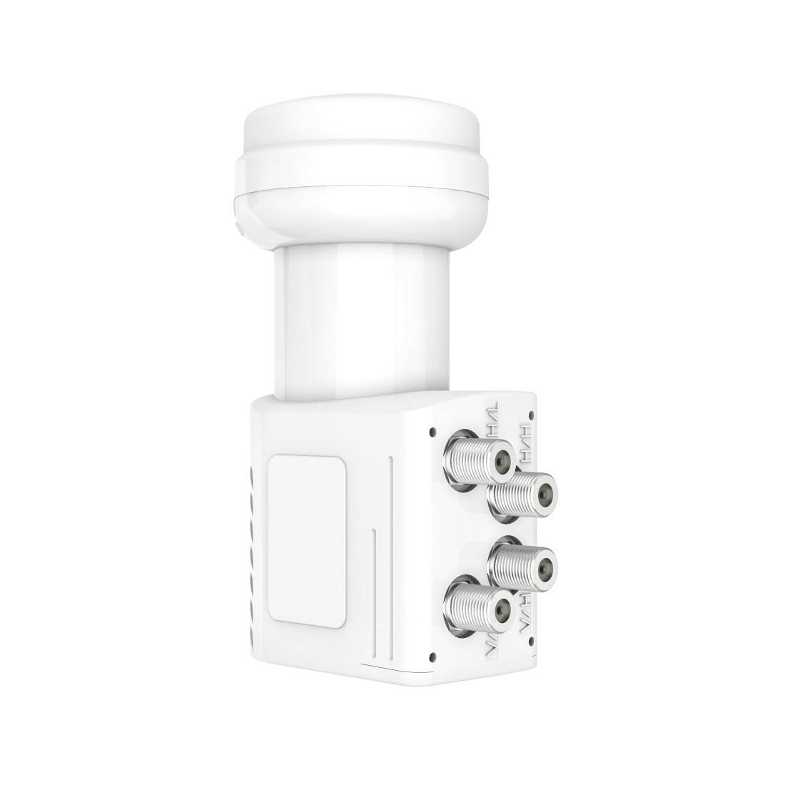 Parabola satellitare bianca per TV con LNB e quattro porte connettore coassiale su sfondo neutro.
