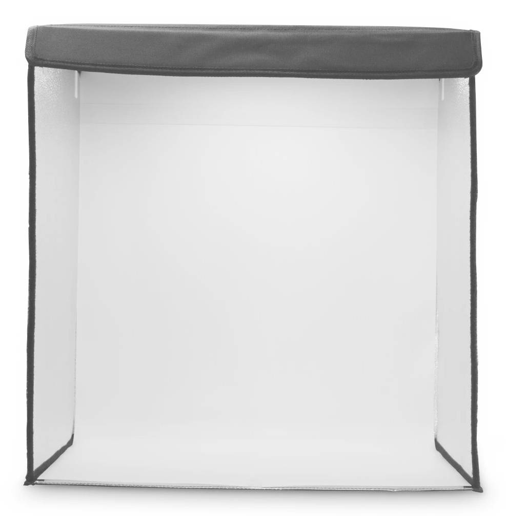 Tenda da studio fotografico pieghevole con lightbox bianca vuota, bordi neri e fronte aperto.