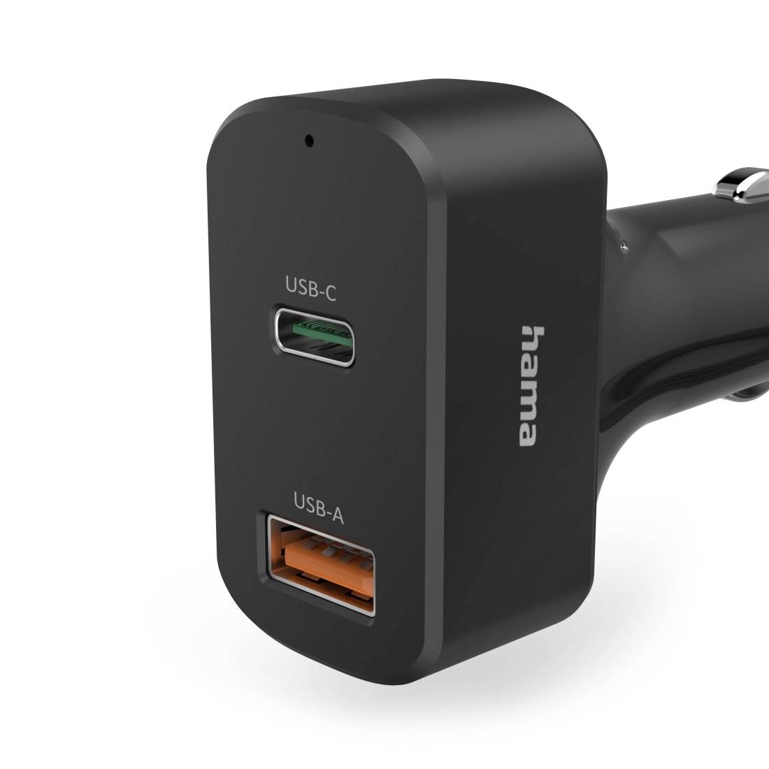 Caricabatterie per auto Hama nero con due porte, USB-C e USB-A, mostrato su sfondo bianco.