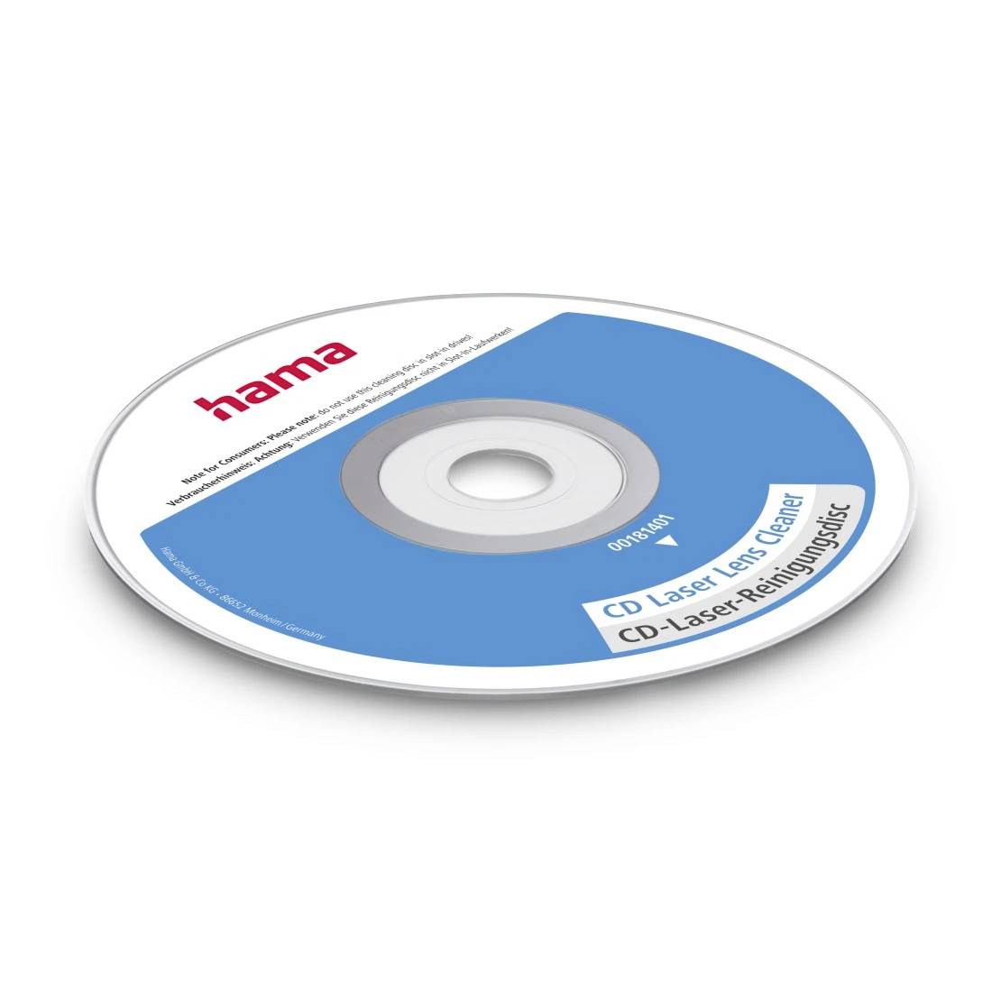 Disco Hama per pulizia lente laser CD blu e bianco con anello centrale ed etichetta del prodotto su sfondo neutro.