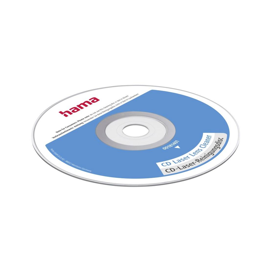 Un disco per la pulizia della lente laser CD con etichetta blu e bianca, marchio 'hama', mostrato su uno sfondo bianco.