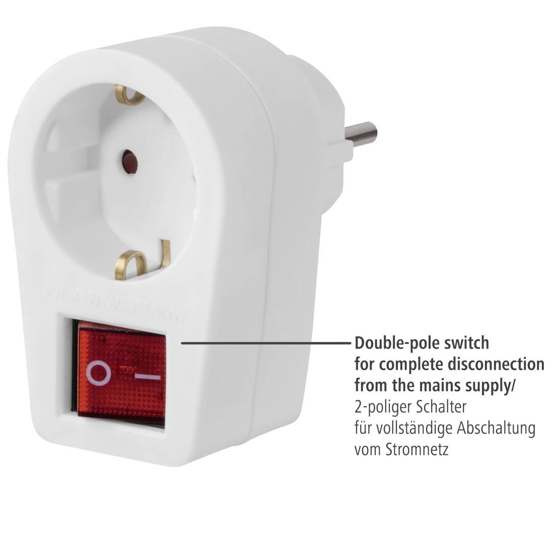 Adattatore a spina da incasso bianco con interruttore bipolare rosso acceso/spento etichettato per la disconnessione completa dall'alimentazione di rete.