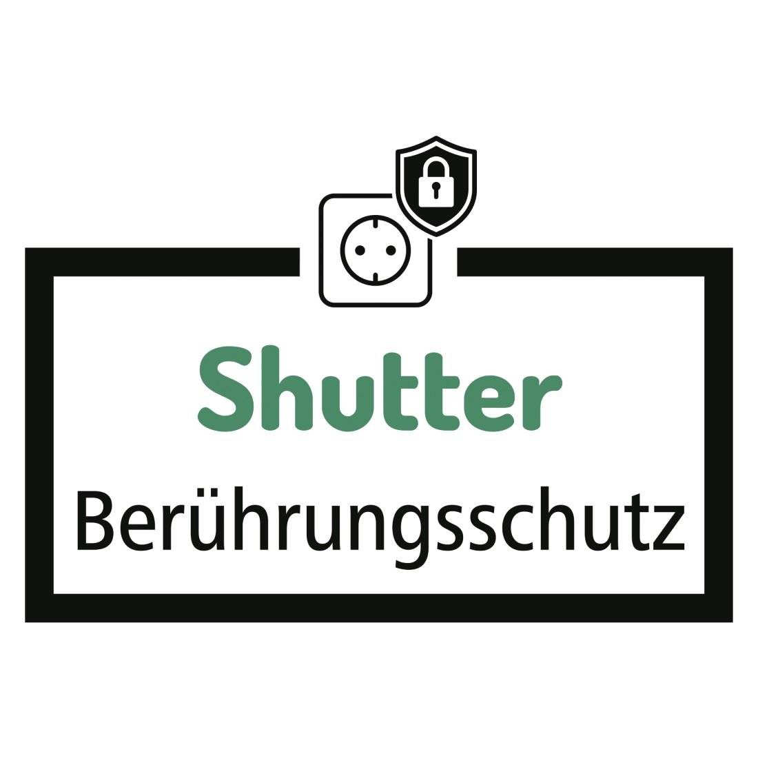 Etichetta di sicurezza Shutter Protezione da contatto con icona di presa protetta e simbolo di lucchetto, indicante la protezione da contatto.