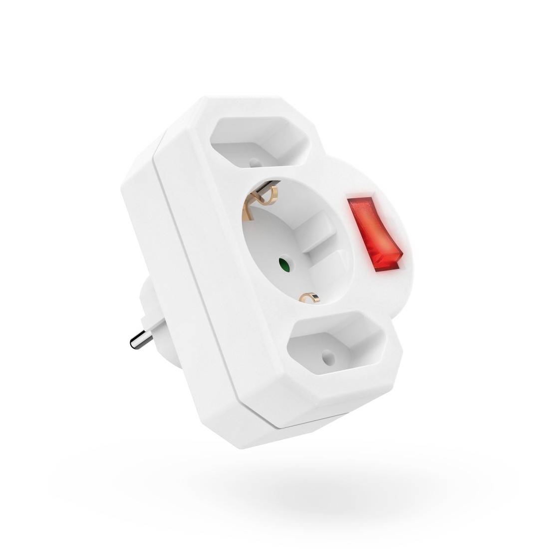 Adattatore con presa a spina bianco con interruttore on/off rosso, mostrato isolato su sfondo bianco.