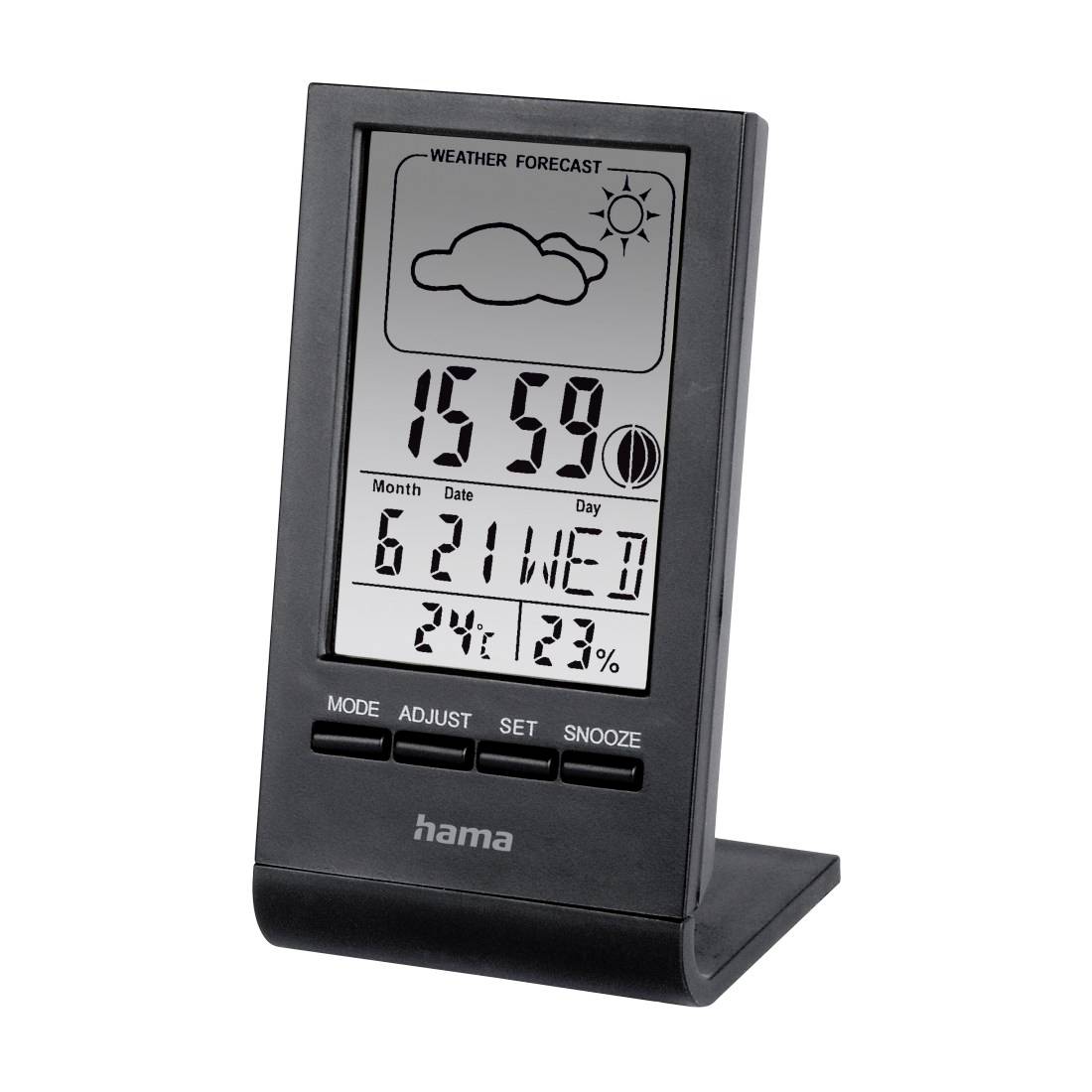 Orologio da scrivania con previsioni meteorologiche digitali che mostra 15:59, data 6/21 mer, 24°C e 23% di umidità, con icona sole-nuvoloso.