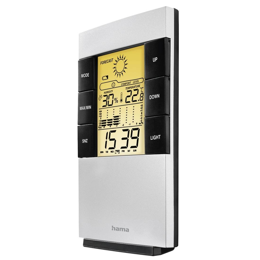 Stazione meteorologica digitale che visualizza previsioni soleggiate, umidità al 30%, 22,8°C e ora 15:39, con pulsanti per modalità, massimo/minimo, snooze, su, giù e luce.