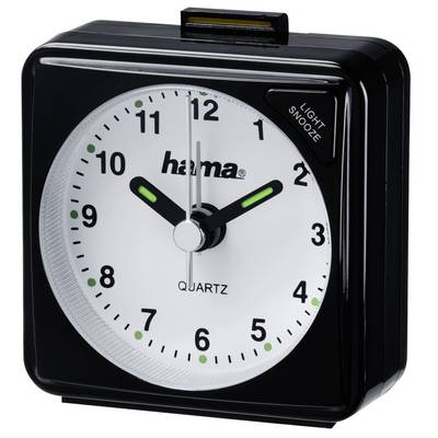 Sveglia analogica al quarzo di colore nero con quadrante bianco, che mostra il logo Hama e una piccola etichetta "light snooze" sulla parte superiore.