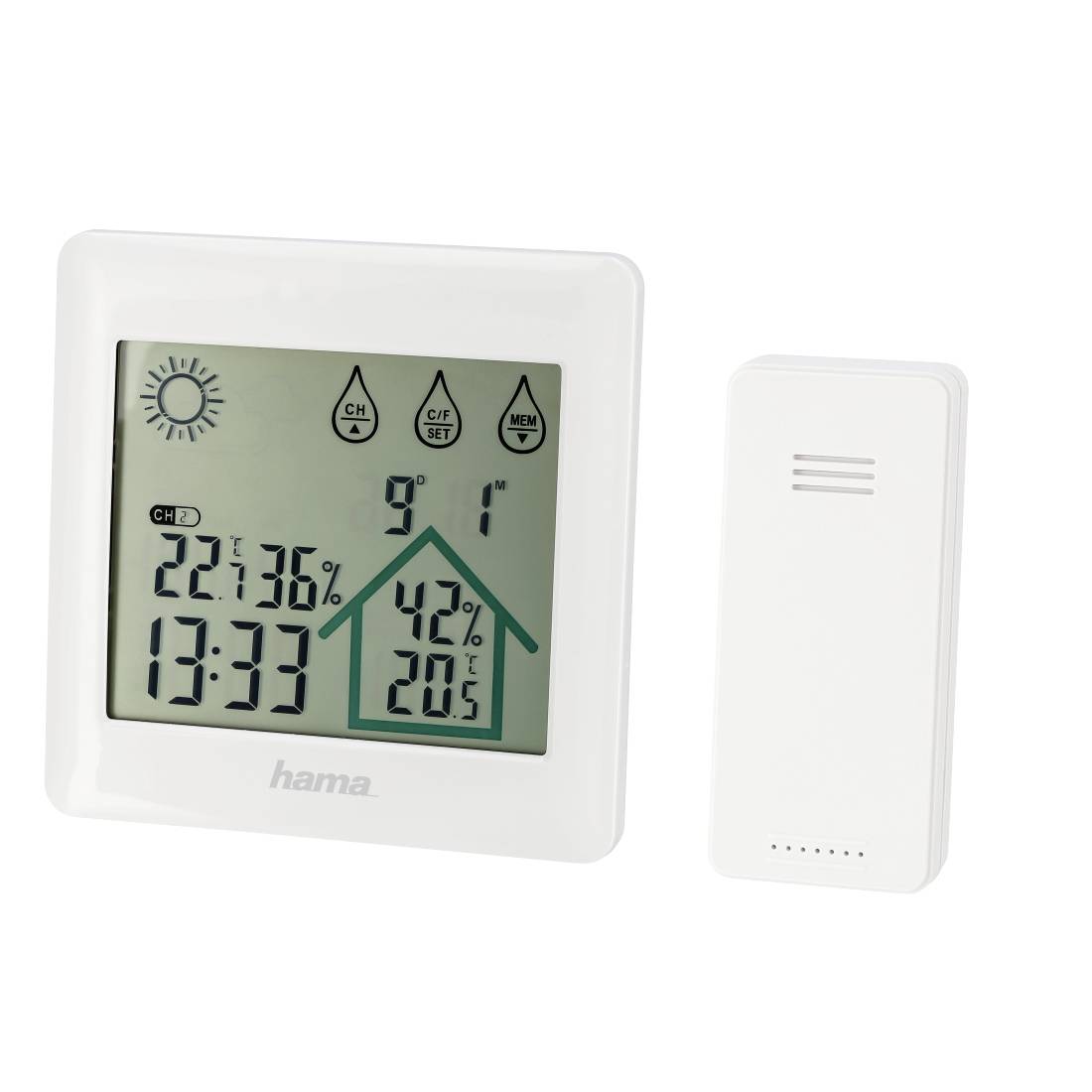 Stazione meteorologica digitale con display interno e sensore wireless, che mostra 22,7°C, 36% di umidità, 13:33, e un'icona di casa con 42% e 20,5°C.