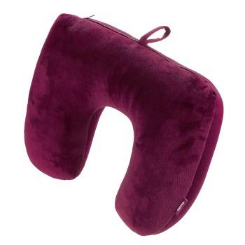 Cuscino da viaggio a forma di U di colore viola realizzato in tessuto morbido e peluche, fotografato su uno sfondo bianco.