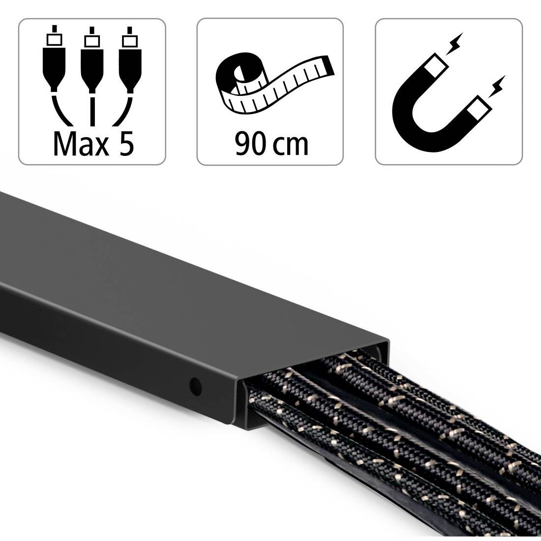 Guaina per cavi mostrata con icone che indicano un massimo di 5 cavi, lunghezza di 90 cm e chiusura magnetica.
