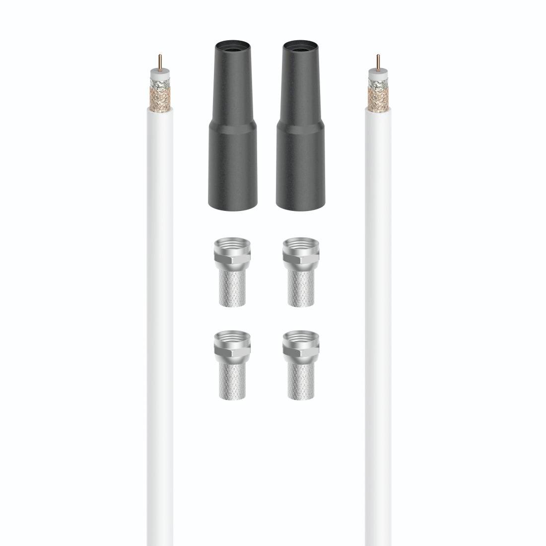 Kit di cavi coassiali con due cavi bianchi, due connettori neri e quattro raccordi adattatori metallici disposti su sfondo bianco.