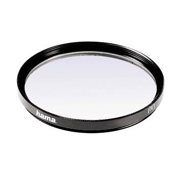 Un anello filtro per lente fotografica circolare Hama nero su sfondo bianco.