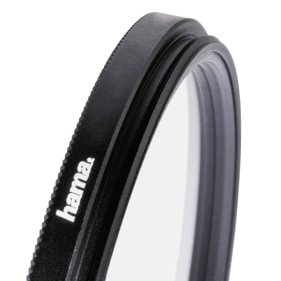 Anello filtro per obiettivo fotocamera nero con marchio "Hama" su sfondo bianco.