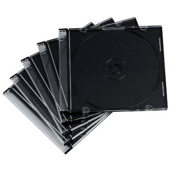Pila di custodie vuote nere per CD/DVD aperte a ventaglio su uno sfondo bianco.