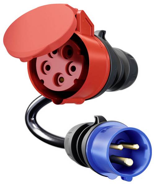 Presa di corrente industriale rossa collegata mediante cavo a una spina a tre poli blu, che mostra un adattatore di connettore elettrico.