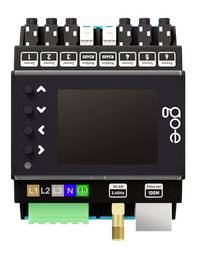 Vista frontale di un modulo controller digitale con display vuoto, pulsanti freccia, etichette dei terminali L1-L3, N, e porte per WLAN ed Ethernet.