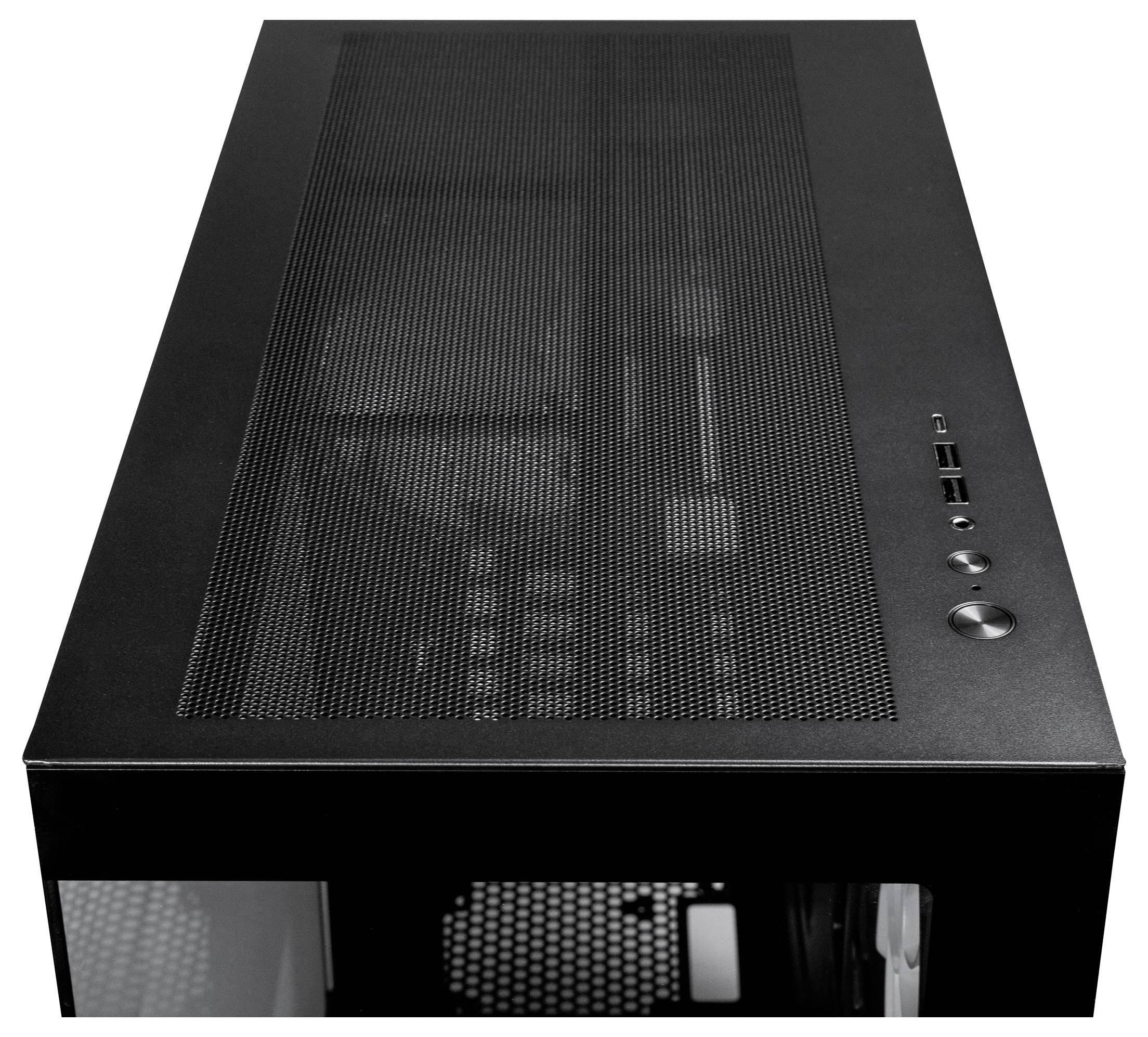 Case per computer desktop nero con pannello superiore in rete metallica, porte frontali e finestra laterale che mostra ventilatori e componenti interni.